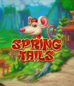 An enchanting illustration of a mouse wearing a red traditional Chinese outfit positioned in front of a picturesque mountain backdrop. The image is for the Spring Tails Slot by Betsoft, showcased with striking gold and red logo text.